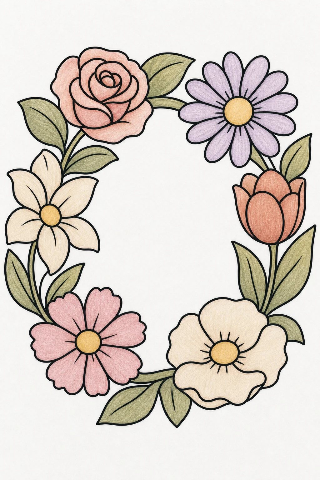 Easy floral wreath coloring page colored with soft colored pencils